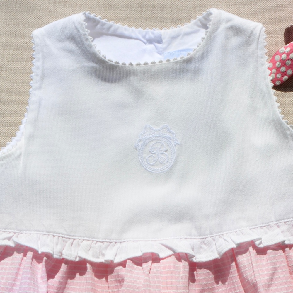 Adorable pink and white France Belmon Romper - Size 12Months